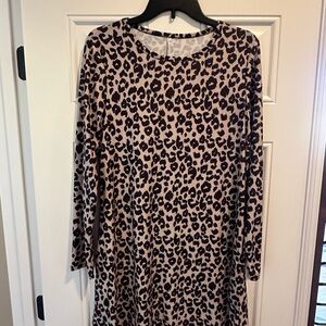 Leopard Print Long Sleeve Tunic Dress - Beige and Black